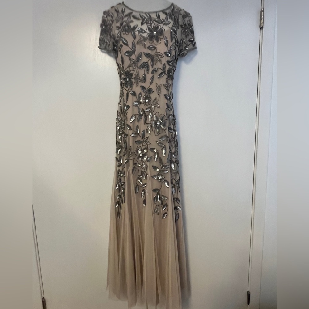 Adrianna Papell Nude Floral Sequin Embellished Dress
